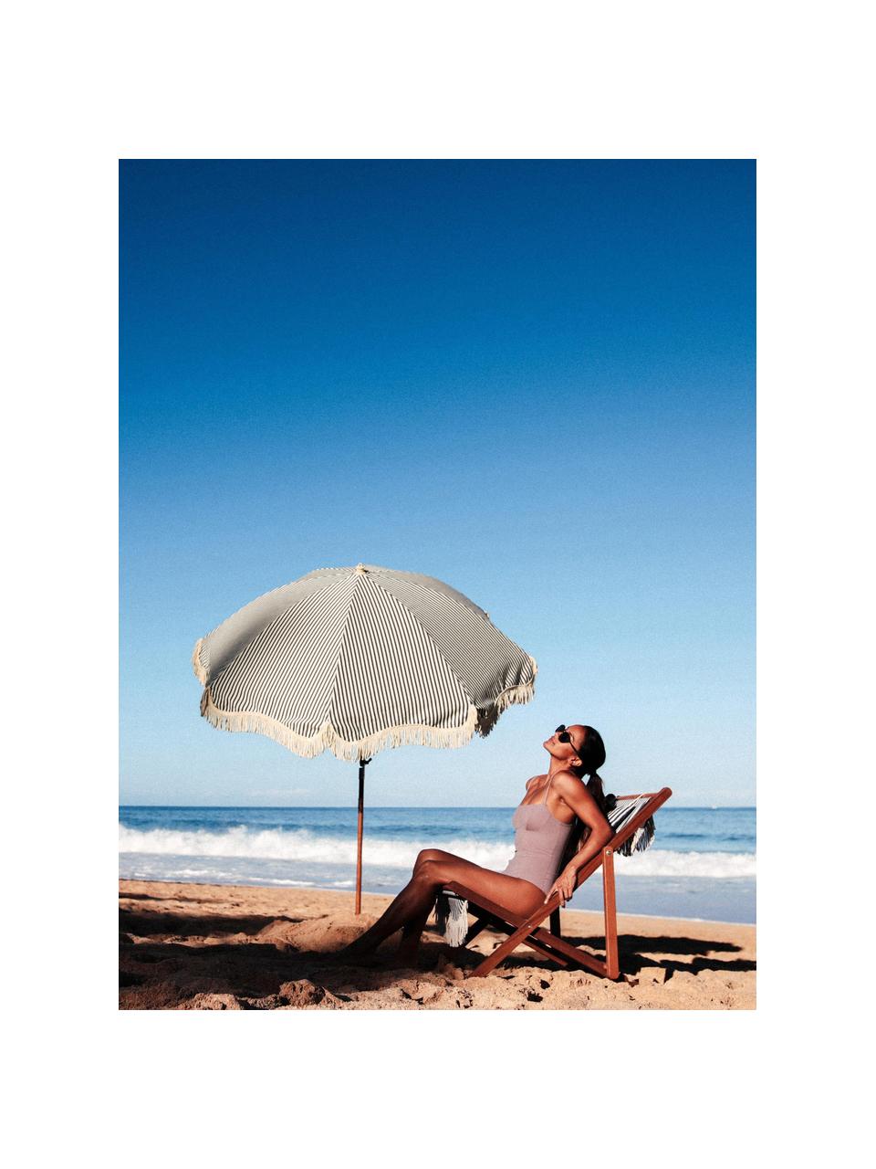 Parasol ogrodowy z frędzlami Retro, Stelaż: drewno naturalne, laminow, Ciemny niebieski, kremowobiały, Ø 180 x W 230 cm