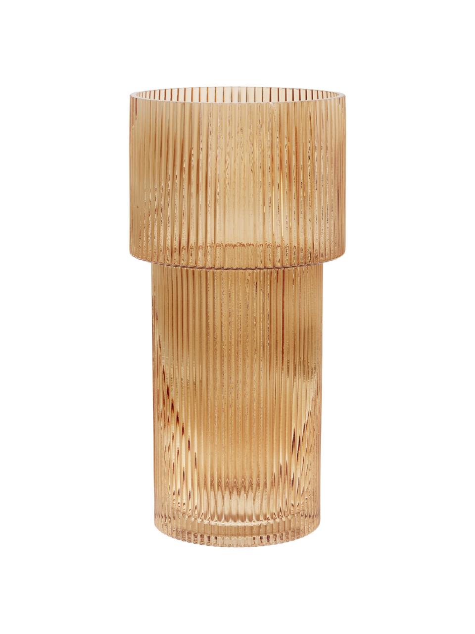 Glas-Vase Lija mit geriffelter Oberfläche in Bernsteinfarben, Glas, Bernsteinfarben, transparent, Ø 14 x H 30 cm