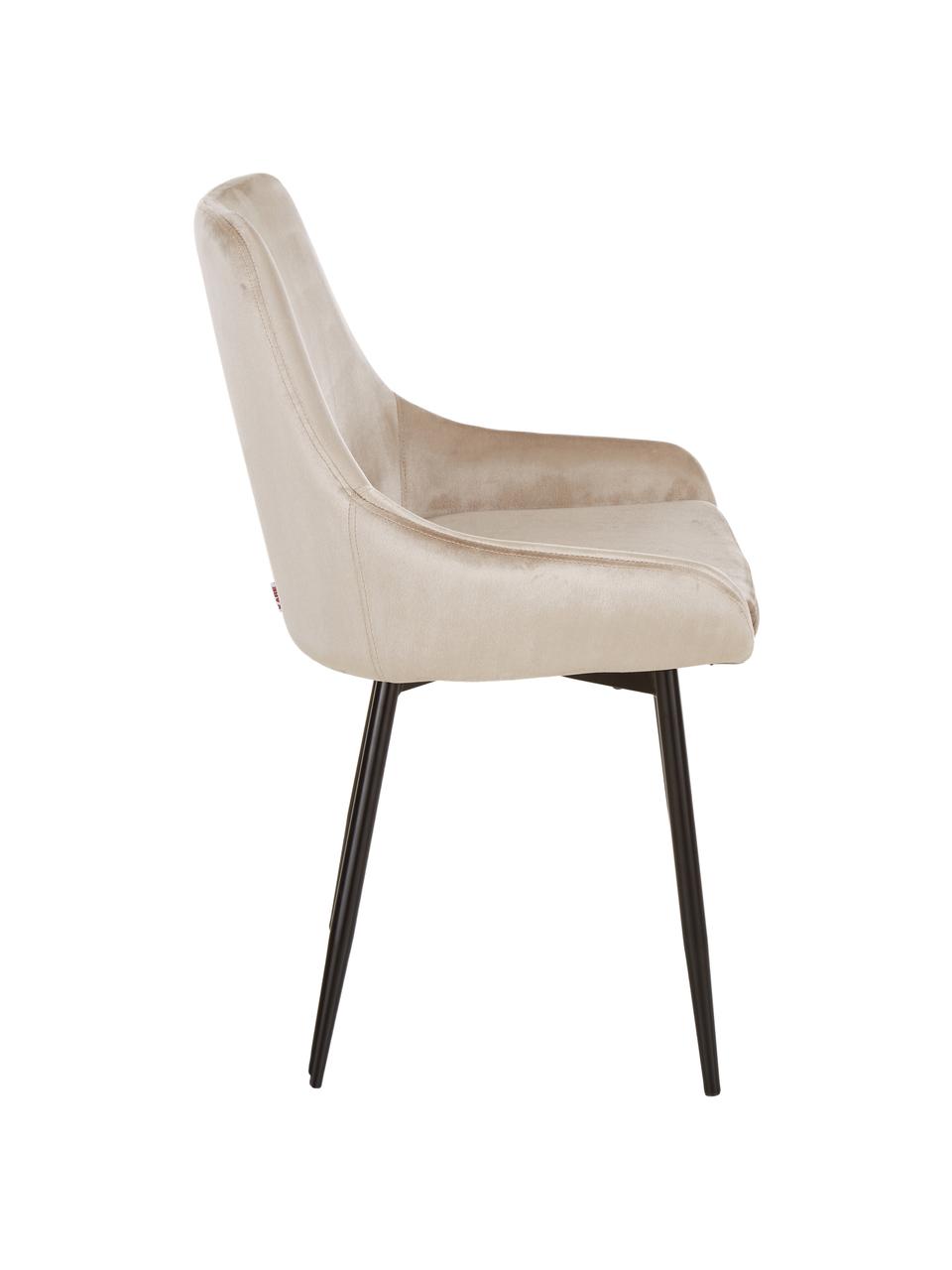 Fluwelen stoelen East Side, 2 stuks, Bekleding: polyester fluweel, Frame: gefineerd grenenhout, nat, Poten: gepoedercoat metaal, Bekleding: champagnekleurig. Poten: mat zwart, B 52 x D 59 cm