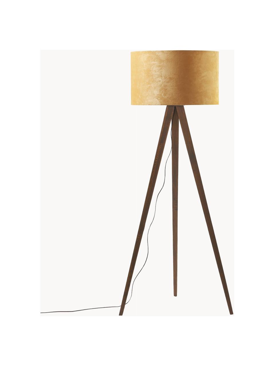 Scandi tripod vloerlamp Jake van massief hout met fluwelen lampenkap, Lampenkap: fluweel, Lampvoet: essenhout, FSC-gecertific, Lichtbruin, bruin, H 150cm