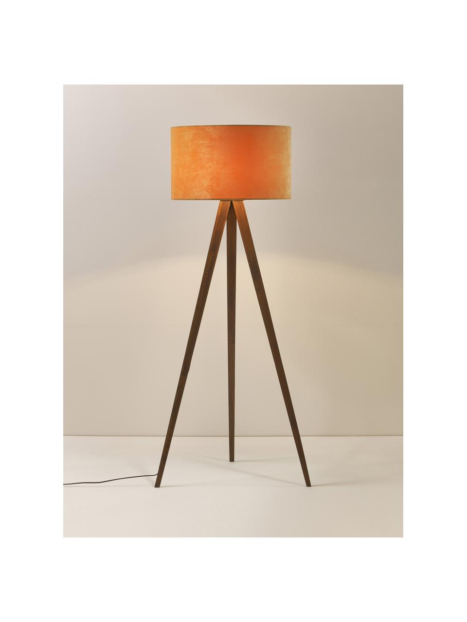 Scandi tripod vloerlamp Jake van massief hout met fluwelen lampenkap, Lampenkap: fluweel, Lampvoet: essenhout, FSC-gecertific, Lichtbruin, bruin, H 150cm