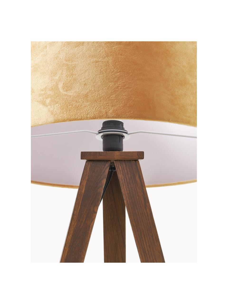 Stojací stativová lampa z masivního dřeva se sametovým stínidlem Jake, skandi styl, Světle hnědá, hnědá, V 150 cm