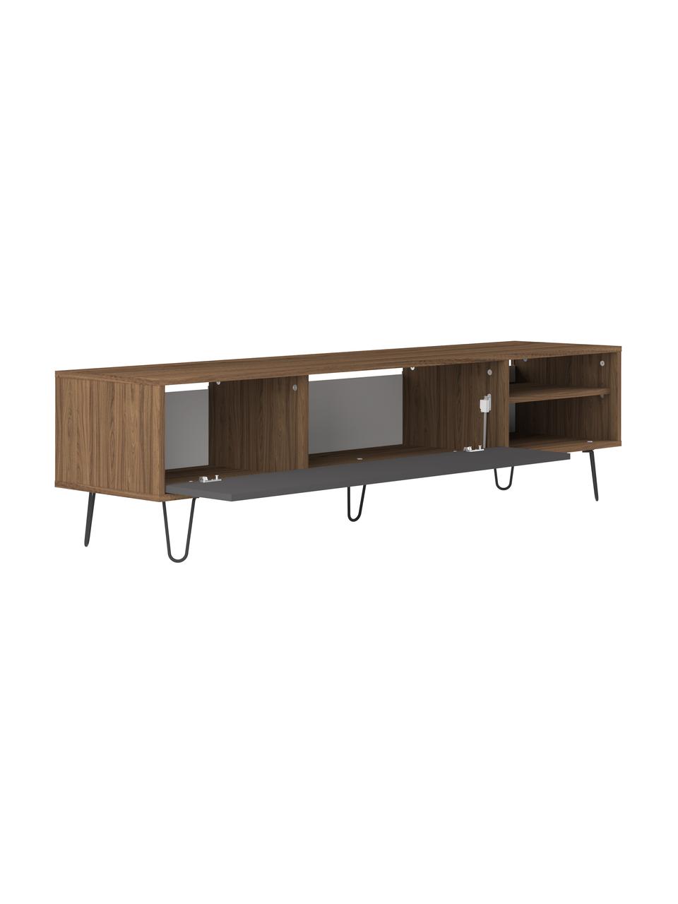 Tv-meubel Aero met klapdeur, Frame: melamine gecoate spaanpla, Poten: gelakt metaal, Walnootkleurig, grijs, B 165 x H 44 cm