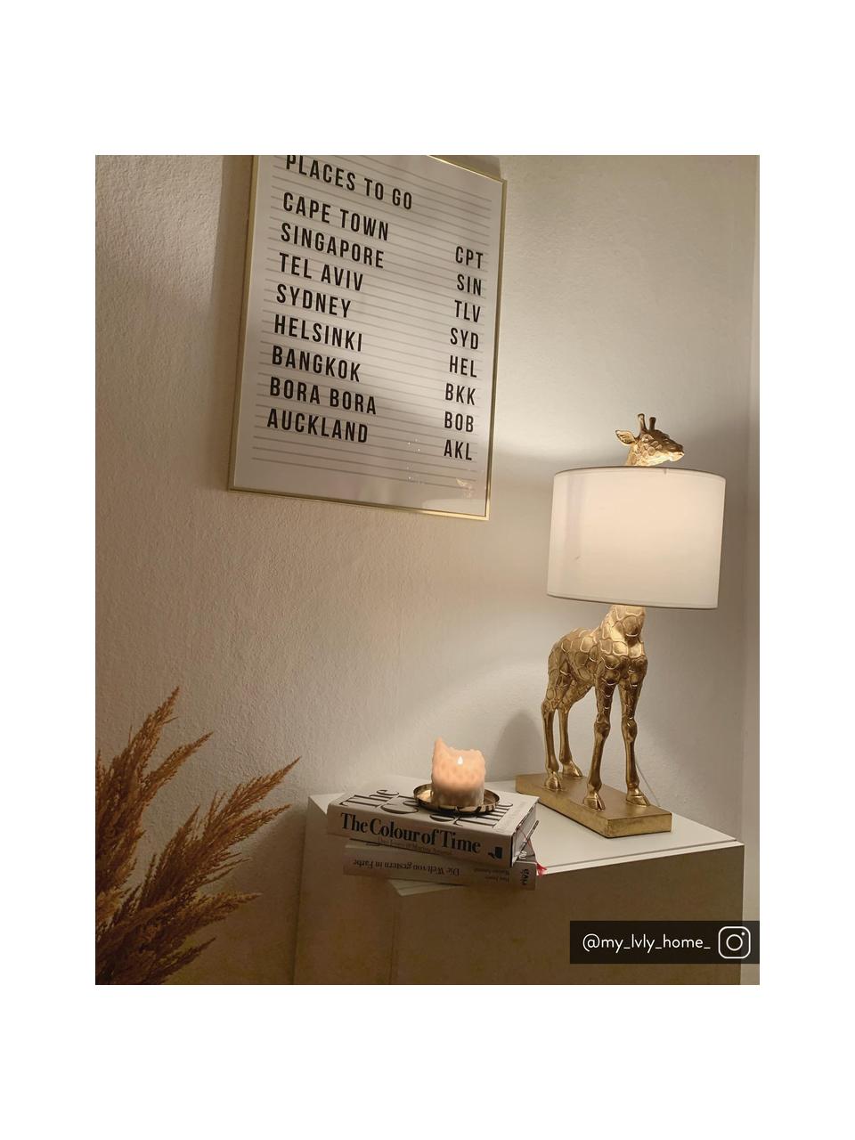 Lampada da tavolo in poliresina e lino Epigaea, Base della lampada: poliresina, Paralume: lino, Dorato, bianco, Larg. 35 x Alt. 70 cm
