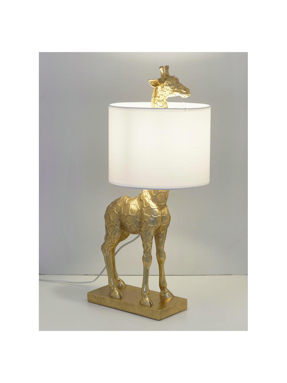 Große Design Tischlampe Epigaea mit Leinenschirm, Lampenfuß: Polyresin, Lampenschirm: Leinen, Goldfarben, Off White, B 35 x H 70 cm