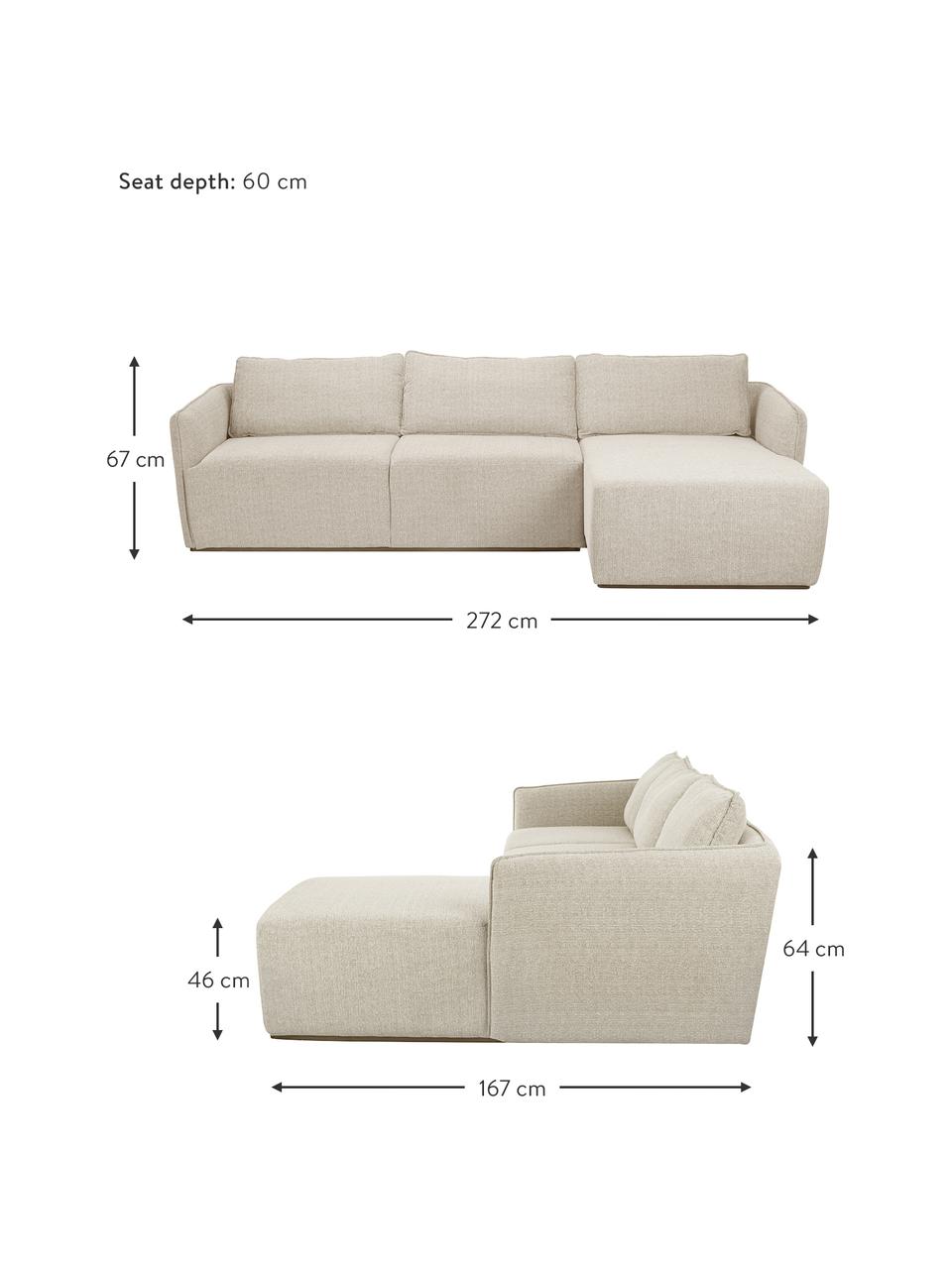 Divano angolare 4 posti in tessuto beige John, Rivestimento: 100% poliestere Il rivest, Struttura: legno massiccio di frassi, Piedini: materiale sintetico, Tessuto beige, Larg. 272 x Lung. 85 cm, chaise-longue a destra