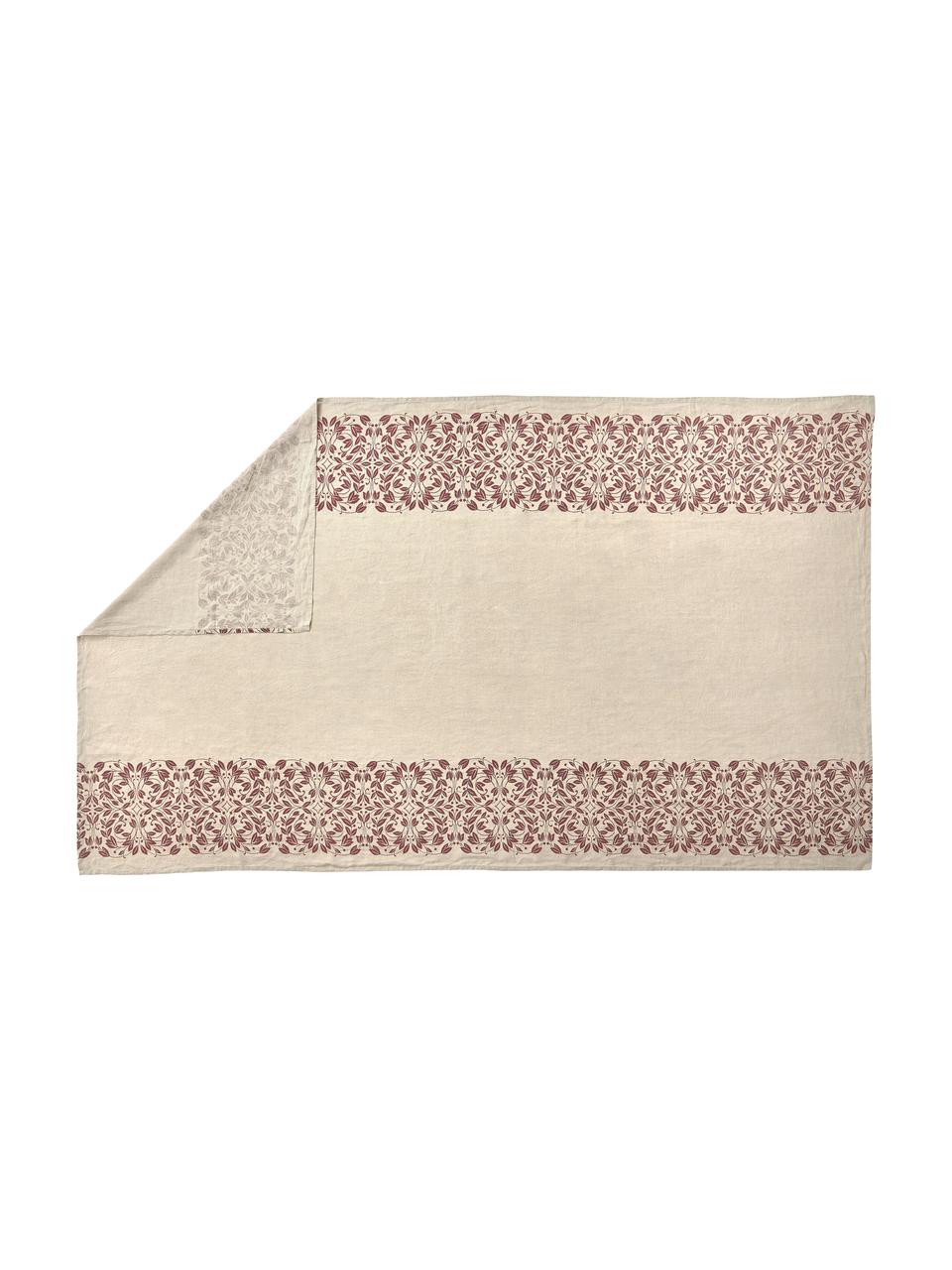 Nappe pur lin imprimé floral Matilda, 100 % pur lin, Beige clair, lie de vin, Pour 6 à 10 pers. (larg. 150 x long. 250 cm)