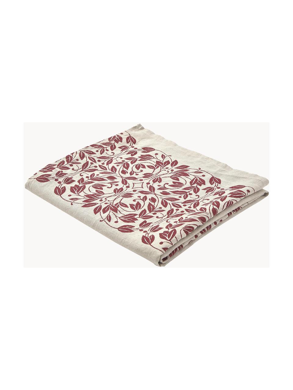 Linnen tafelkleed Matilda met bloemenpatroon, 100% linnen, Wijnrood, beige, Voor 6 - 10 personen (B 150 x L 250 cm)