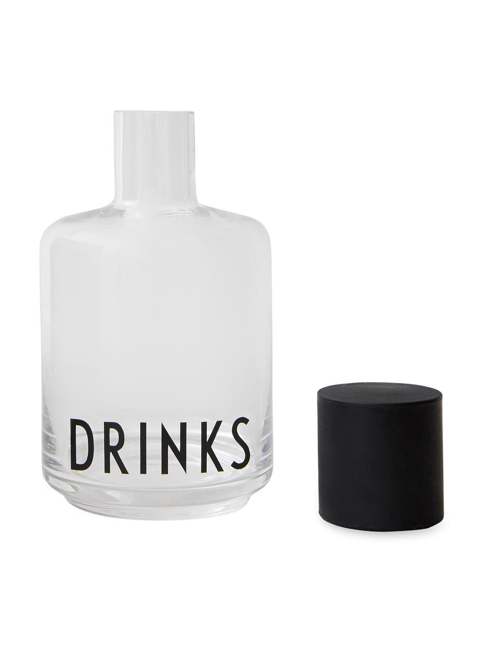 Bottiglia in vetro di design con scritta Drinks, 500 ml, Coperchio: silicone, Trasparente, nero, Alt. 18 cm, 500 ml