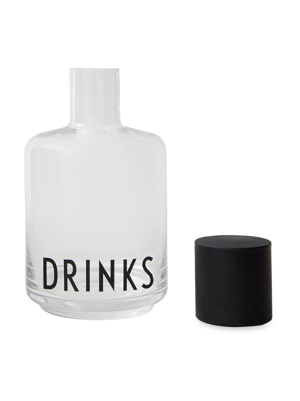 Design karaf Drinks met tekst en dop, 500 ml, Deksel: siliconen, Transparant, zwart, H 18 cm, 500 ml