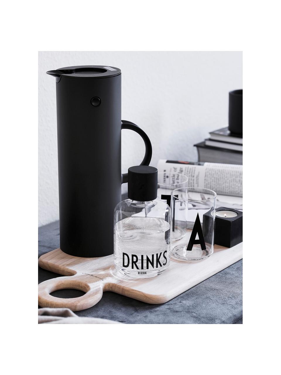 Design karaf Drinks met tekst en dop, 500 ml, Deksel: siliconen, Transparant, zwart, H 18 cm, 500 ml