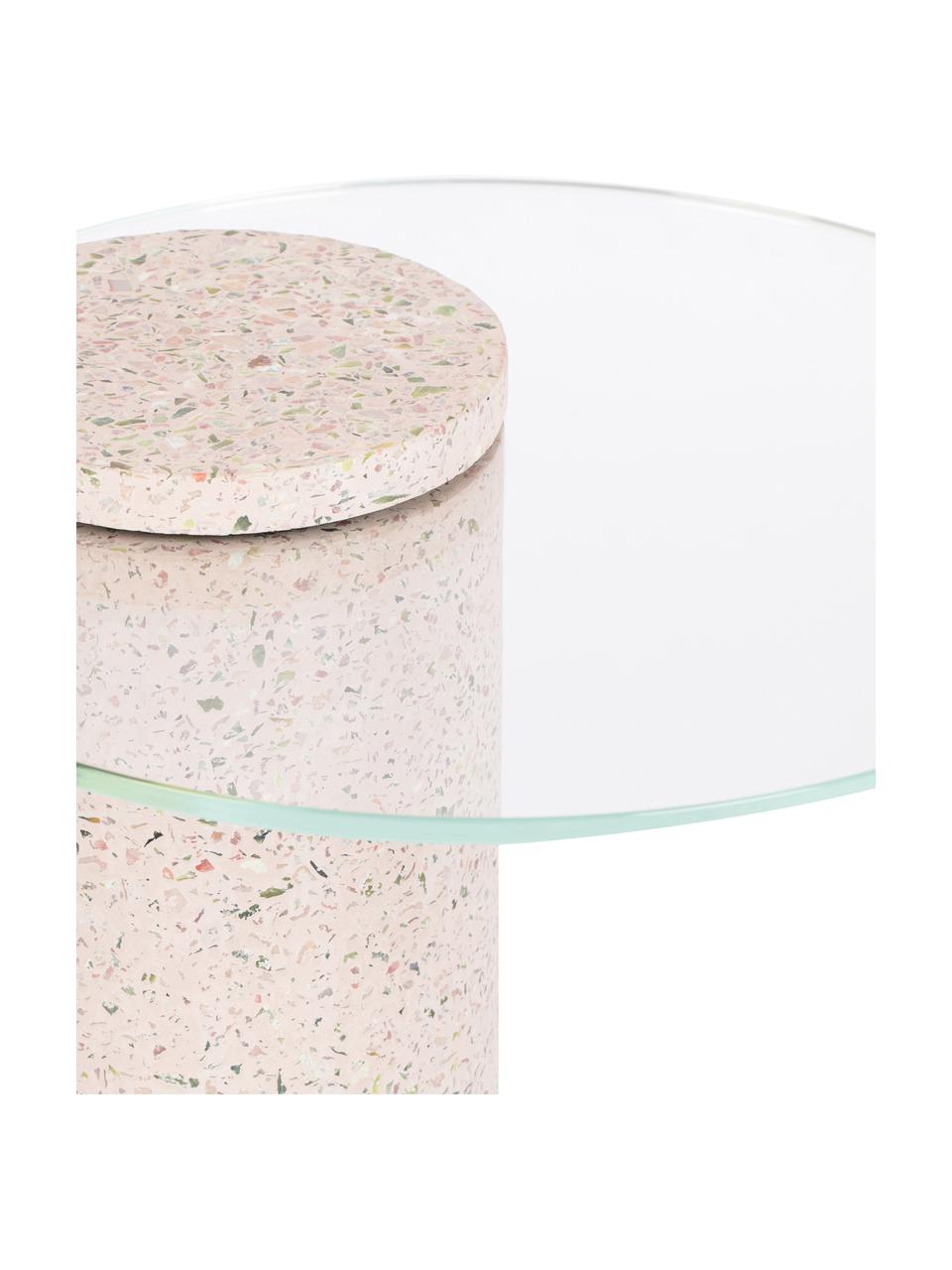 Bijzettafel met glazen tafelblad Rosalina met terrazzo voet, Tafelblad: veiligheidsglas, Voet: terrazzo, Transparant, roze, Ø 40 x H 45 cm