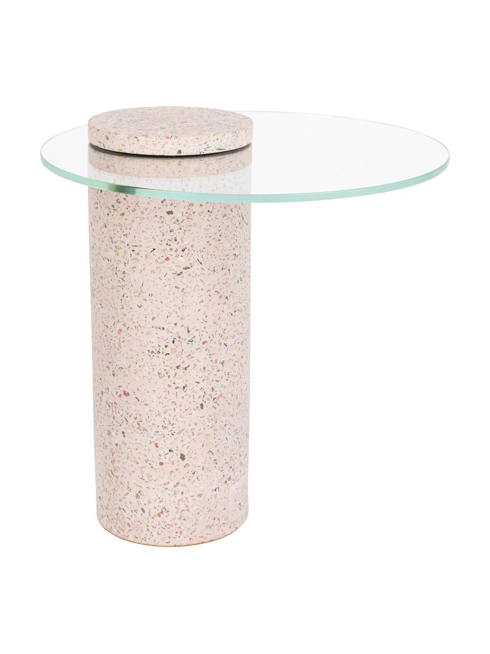 Bijzettafel met glazen tafelblad Rosalina met terrazzo voet, Tafelblad: veiligheidsglas, Voet: terrazzo, Transparant, roze, Ø 40 x H 45 cm