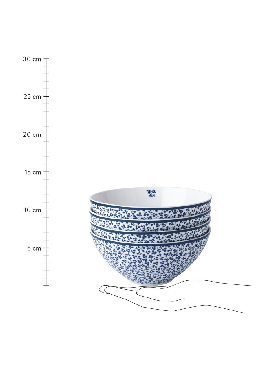 Bol en porcelaine à motif bleu Candy Rose, 4 pièces, Porcelaine Fine Bone China, Blanc, bleu, Ø 16 x haut. 8 cm, 800 ml