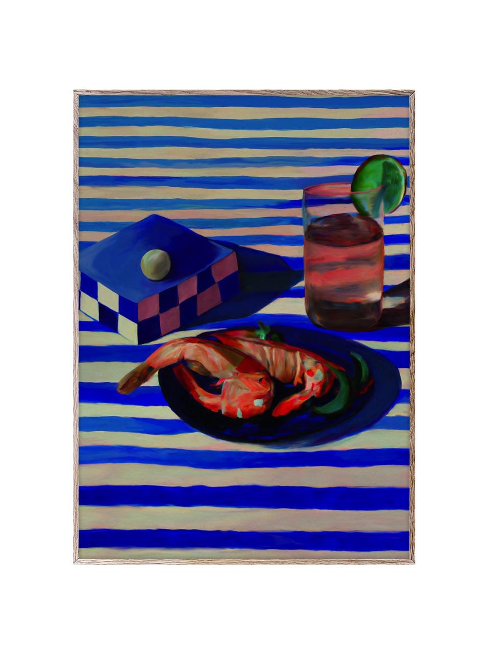 Plakát Shrimp & Stripes, 210g matný papír Hahnemühle, digitální tisk s 10 barvami odolnými vůči UV záření, Královská modrá, korálově červená, Š 30 cm, V 40 cm
