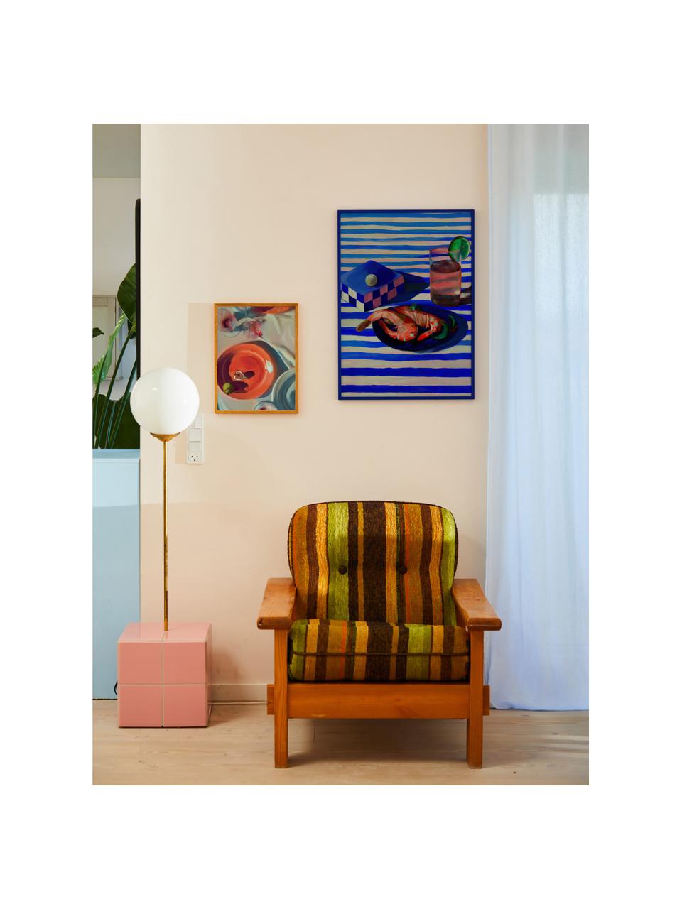 Poster Shrimp & Stripes, Cartoncino opaco da 210 g firmato Hahnemühle, stampa digitale con 10 colori resistenti ai raggi UV, Blu elettrico, corallo, Larg. 50 x Alt. 70 cm