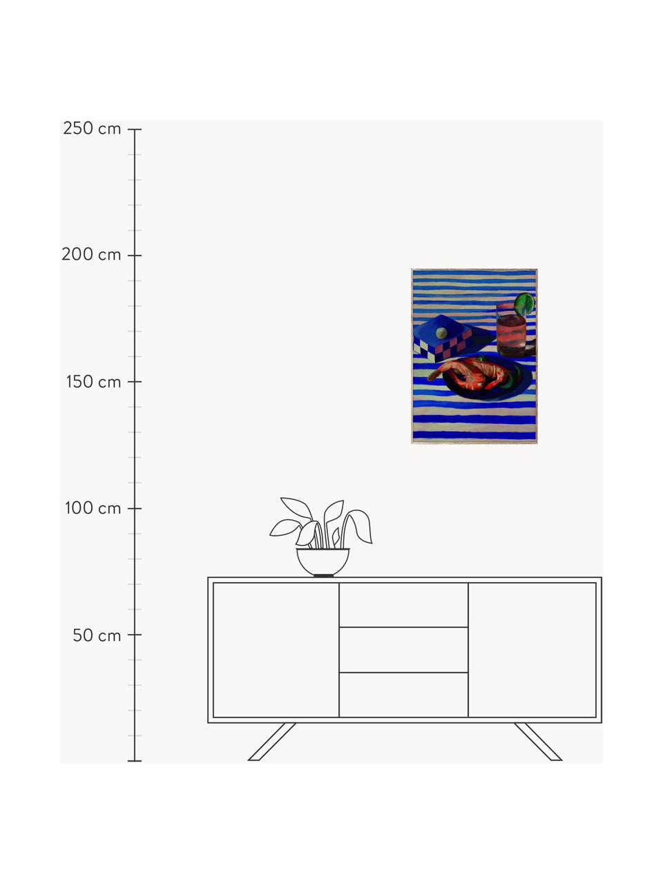 Plakát Shrimp & Stripes, 210g matný papír Hahnemühle, digitální tisk s 10 barvami odolnými vůči UV záření, Královská modrá, korálově červená, Š 30 cm, V 40 cm