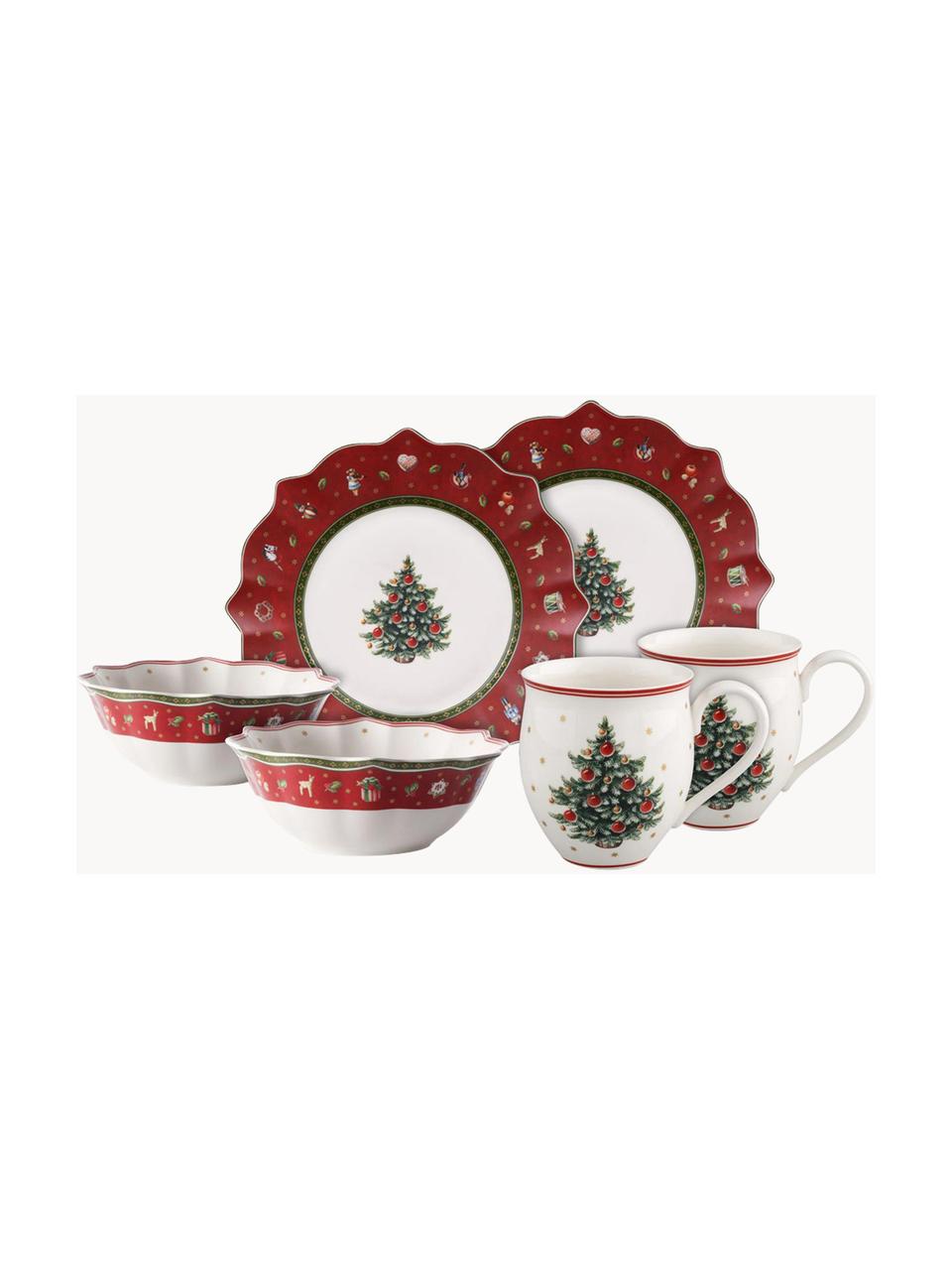 Geschirr-Set Toy's Delight aus Porzellan, 2 Personen (6er-Set), Premium Porzellan, Weiss, Rot, gemustert, Set mit verschiedenen Grössen