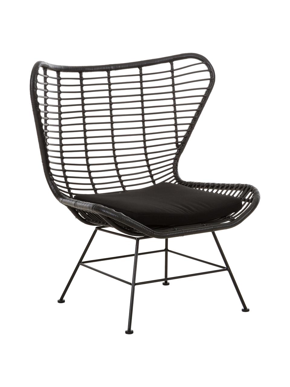 Fauteuil à oreilles en polyrotin Costa, Noir, larg. 90 x prof. 89 cm