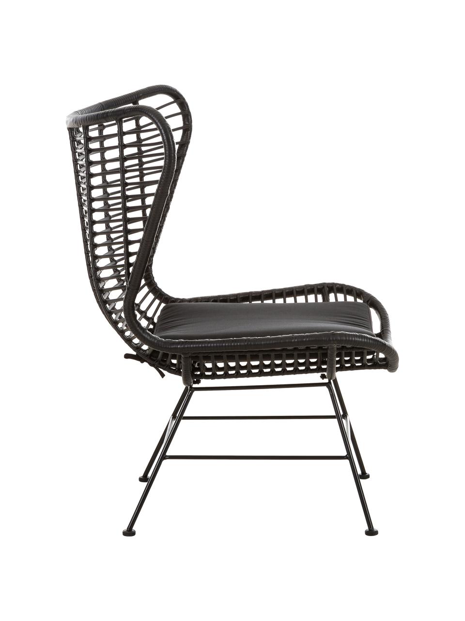 Fauteuil à oreilles en polyrotin Costa, Noir, larg. 90 x prof. 89 cm