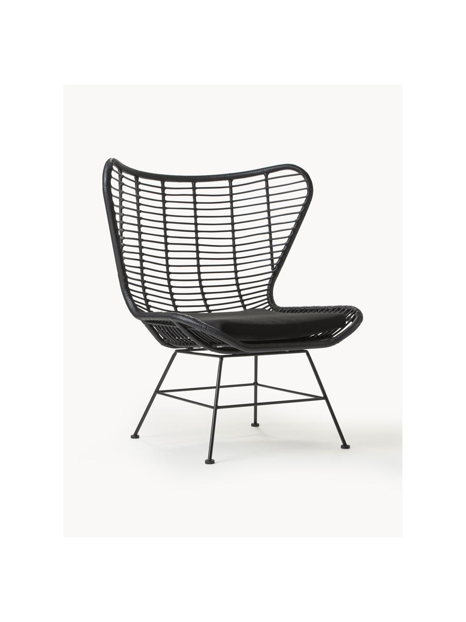 Sillón orejero de poliratán Costa, Asiento: red de polietileno, Estructura: metal con pintura en polv, Negro, An 90 x F 89 cm