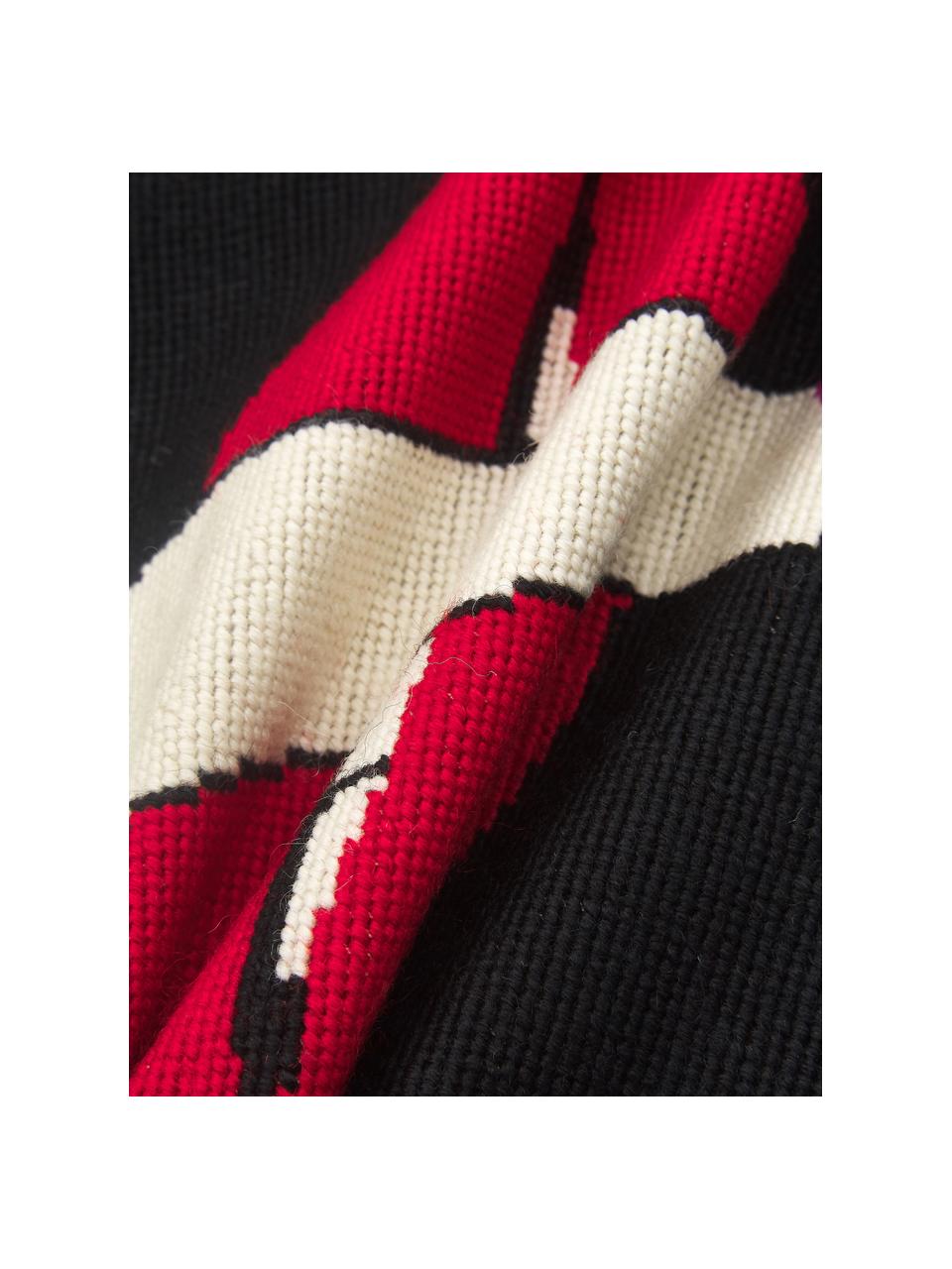Handbesticktes Designer Kissen Soothe, mit Inlett, Vorderseite: 100% Wolle, Rückseite: Samt, Schwarz, Rot, Weiß, B 45 x L 45 cm