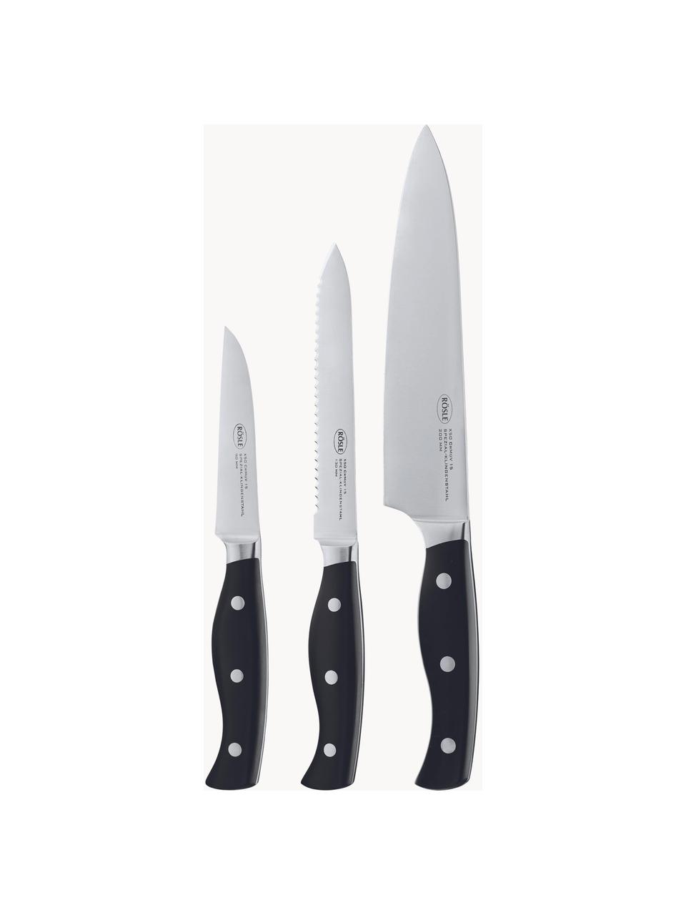 Set de cuchillos de acero inoxidable Pura, 3 uds., Acero inoxidable 18/10, Plateado, negro, Set de diferentes tamaños