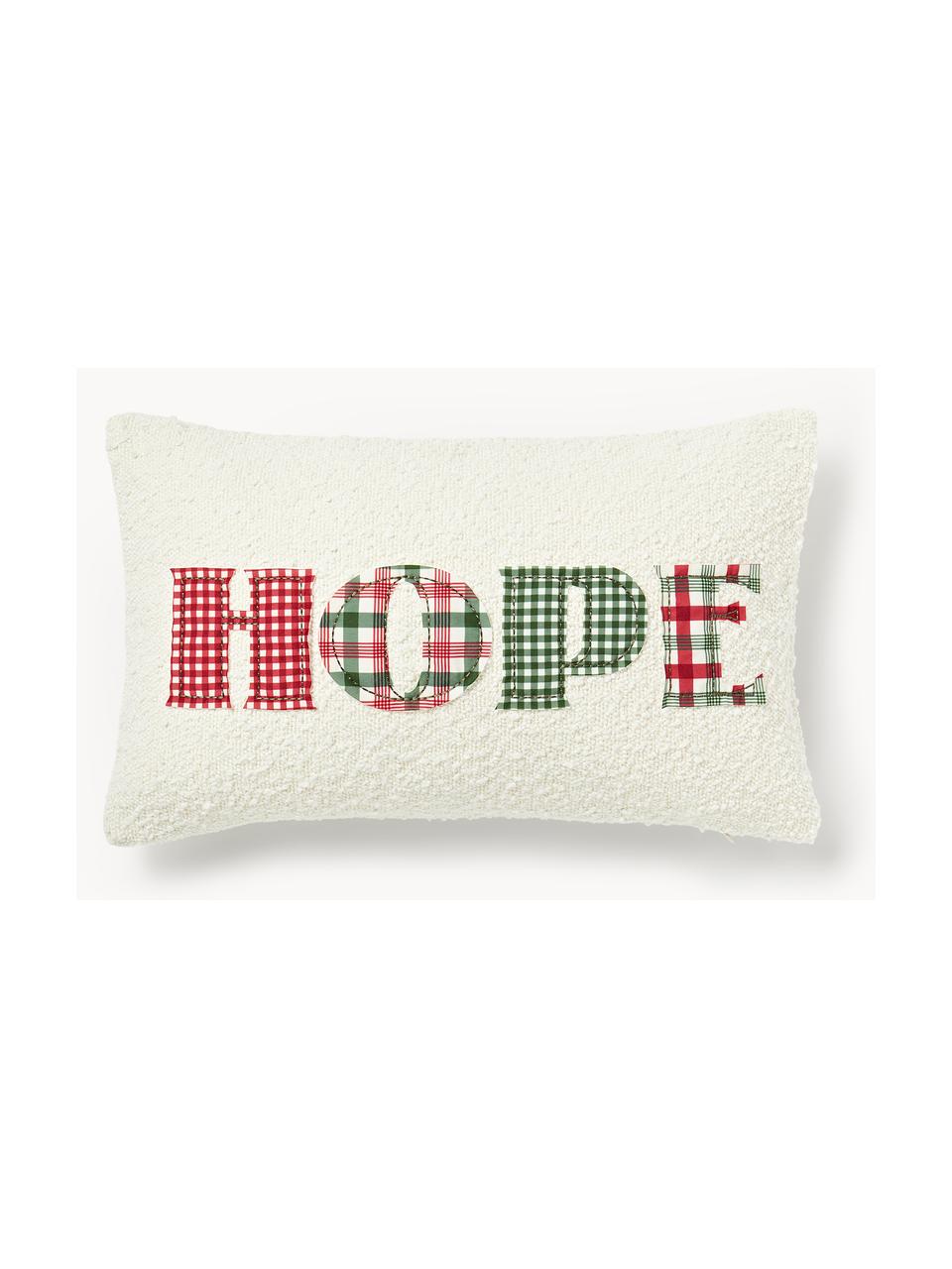 Bouclé-Kissenhülle Lysander, Bouclé (90 % Polyester, 10 % Acryl), Off White mit Hope-Aufdruck, B 30 x L 50 cm