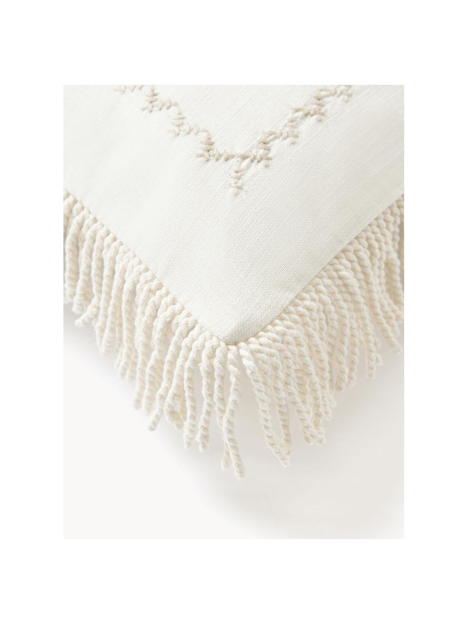 Geborduurde kussenhoes Nedda met franjes, Franjes: 100% polyester, Lichtbeige, B 45 x L 45 cm