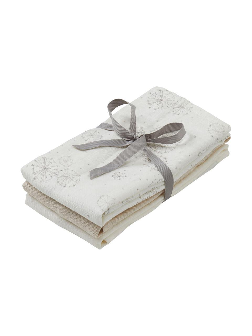Mousseline doekenset Dandelion, 3-delig, 100% biokatoen, GOTS-gecertificeerd, Crèmekleurig, beige, patroon, B 70 x L 70 cm