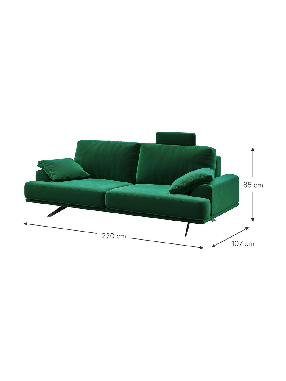 Divano 2 posti in velluto verde scuro Prado, Rivestimento: 100% velluto di poliester, Sottostruttura: compensato, legno di fagg, Piedini: metallo verniciato, Verde scuro, Larg. 220 x Alt. 107 cm