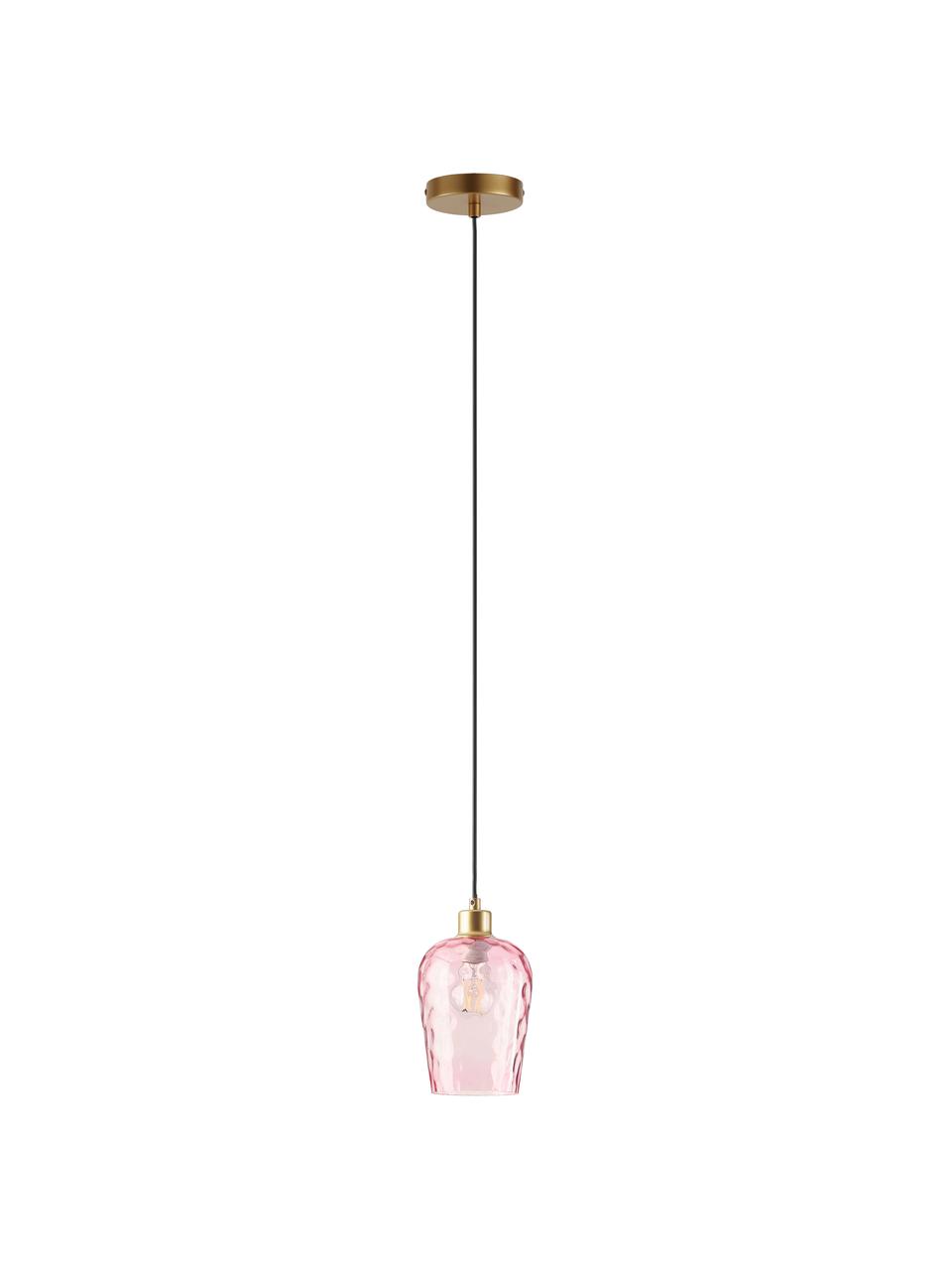 Kleine hanglamp Rania in roze, Lampenkap: glas, Baldakijn: gepoedercoat metaal, Decoratie: gepoedercoat metaal, Roze, goudkleurig, Ø 14 x H 20 cm