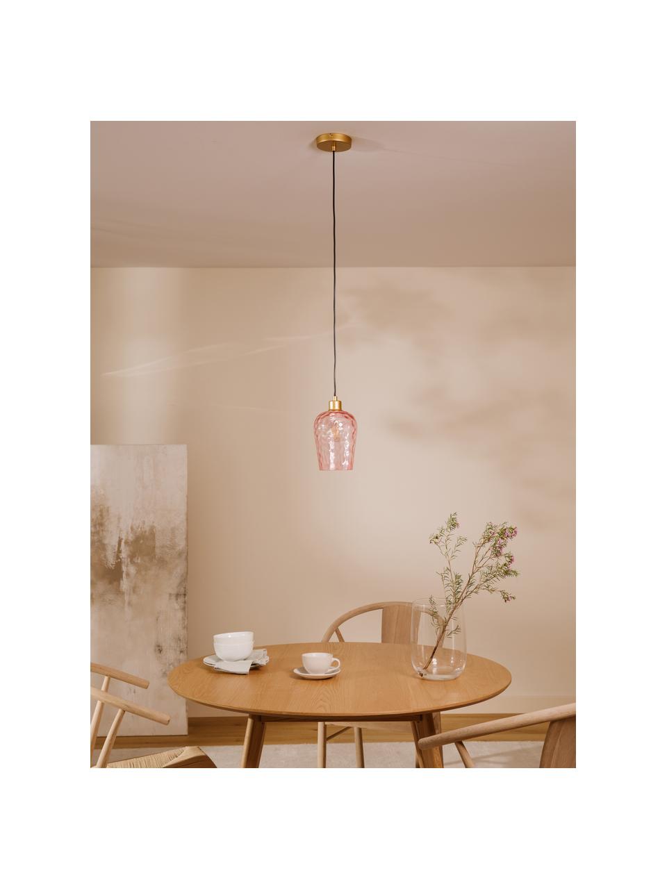 Kleine hanglamp Rania in roze, Lampenkap: glas, Baldakijn: gepoedercoat metaal, Decoratie: gepoedercoat metaal, Roze, goudkleurig, Ø 14 x H 20 cm