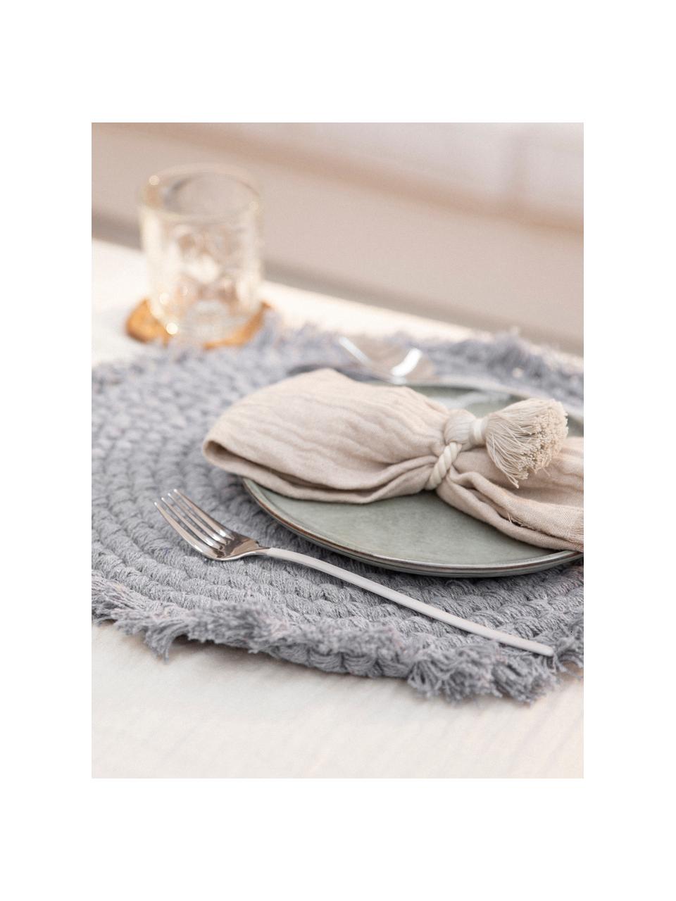 Set de table rond en tissu à franges Vera, 100 % coton, Gris, Ø 38 cm