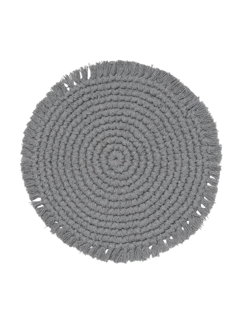 Set de table rond en tissu à franges Vera, 100 % coton, Gris, Ø 38 cm