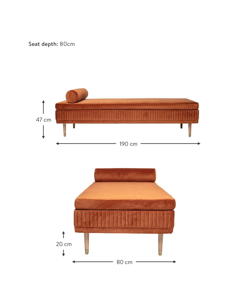 Lit de repos velours Hailey, Velours brun rouillé, larg. 190 x prof. 80 cm