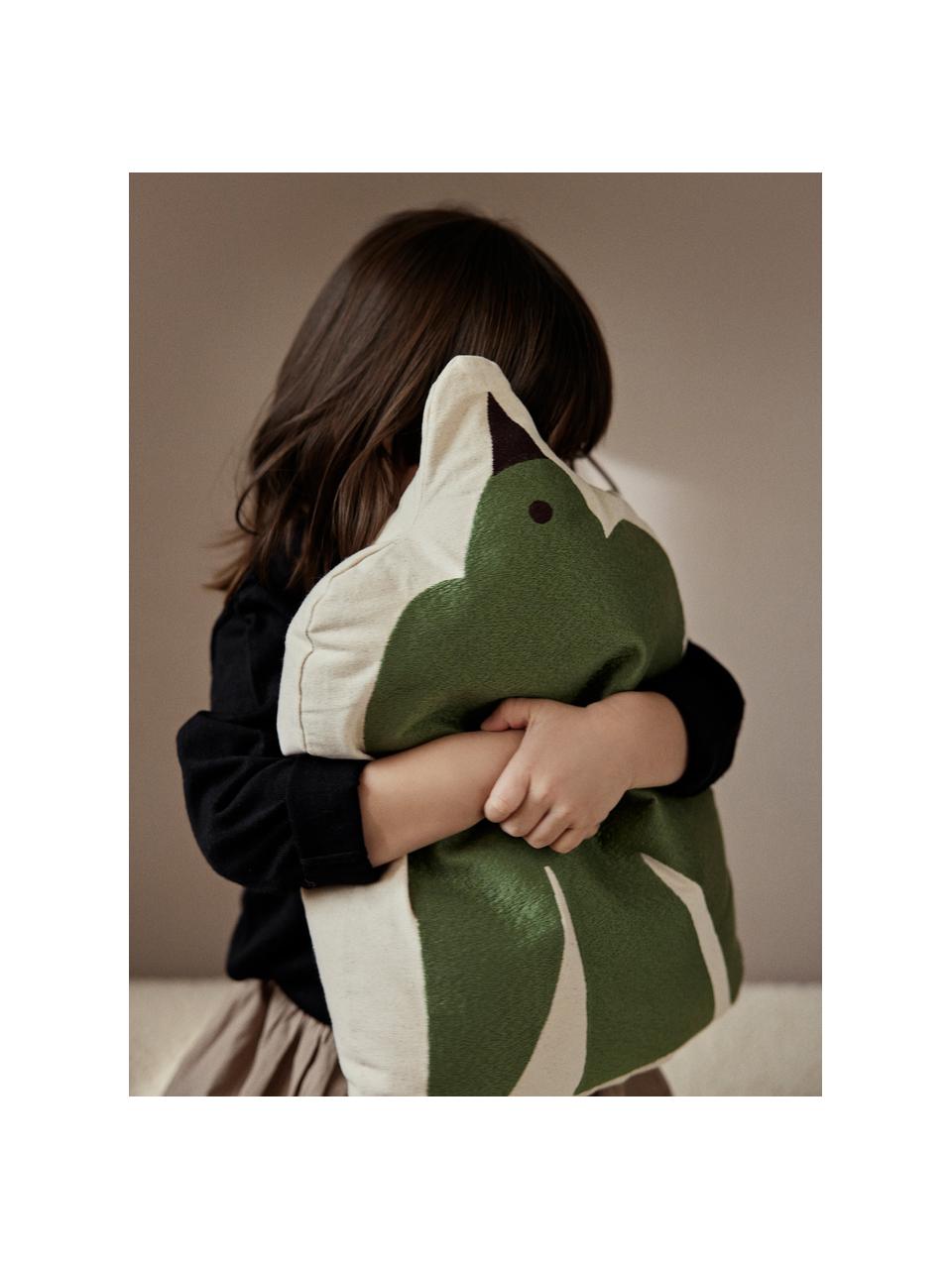 Coussin brodé en coton bio Swif Bird, Vert foncé, blanc cassé, larg. 33 x long. 48 cm