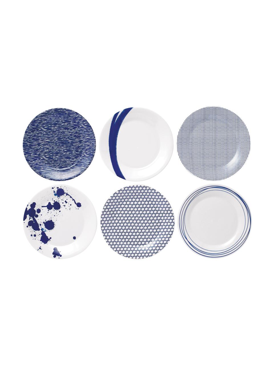 Gemusterte Porzellan-Frühstücksteller Pacific, 6er-Set, Porzellan, Weiß, Blau, Ø 23 cm