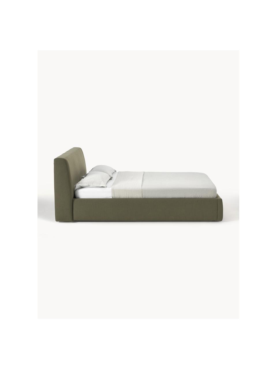 Cama tapizada Cloud, con espacio de almacenamiento, Tapizado: tejido finamente texturiz, Estructura: madera de pino maciza con, Tejido verde oliva, An 180 x L 200 cm