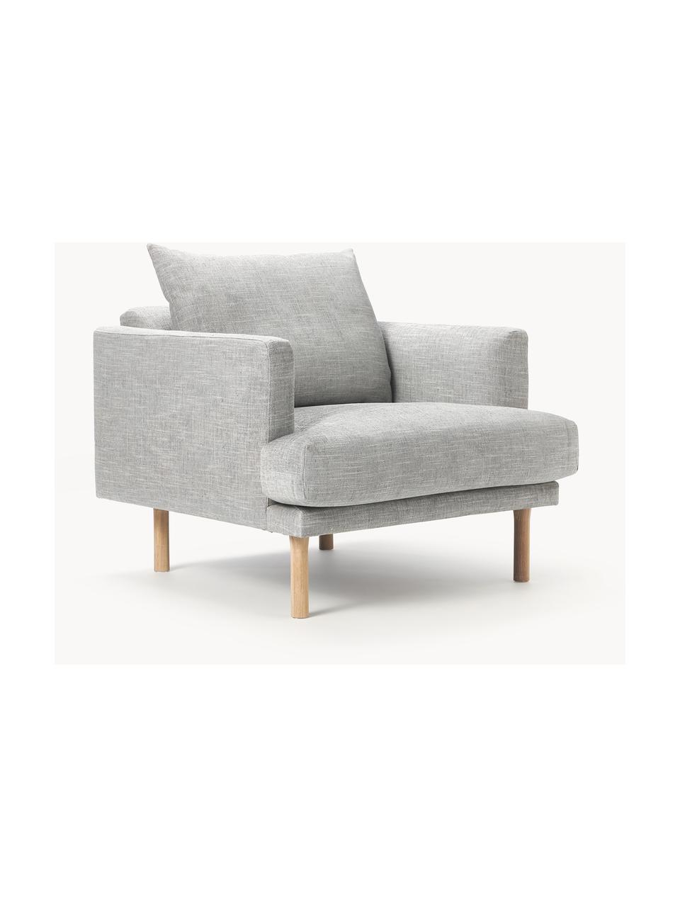 Sillón Adrian, Tapizado: 47% viscosa, 23% algodón,, Estructura: madera contrachapada, Patas: madera de roble barnizada, Tejido gris claro, An 90 x F 95 cm