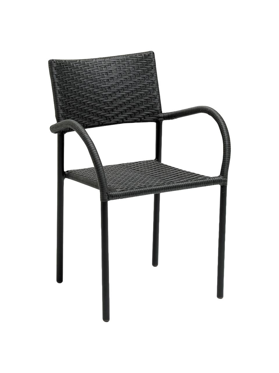 Chaise de jardin en polyrotin et à accoudoirs Loke, Noir, mat