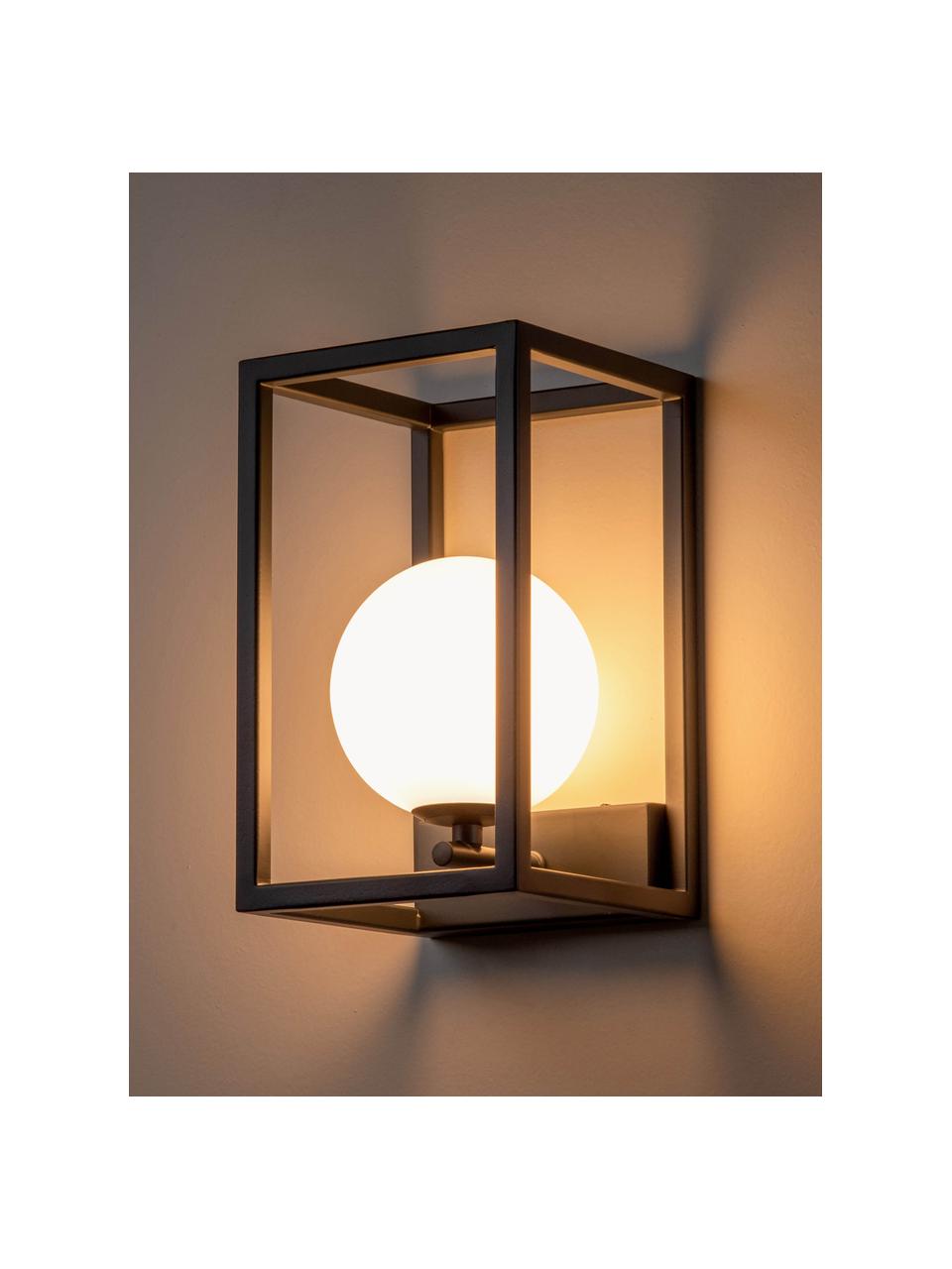 Aplique para exterior Lantern, Pantalla: vidrio opalino, Blanco, negro, An 15 x Al 25 cm