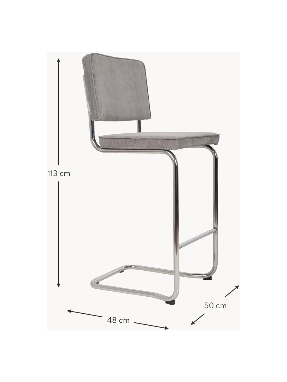 Cordsamt-Barstuhl Kink, Bezug: 88 % Nylon, 12 % Polyeste, Gestell: Edelstahl, Cord Grau, Chromfarben, B 50 x H 113 cm