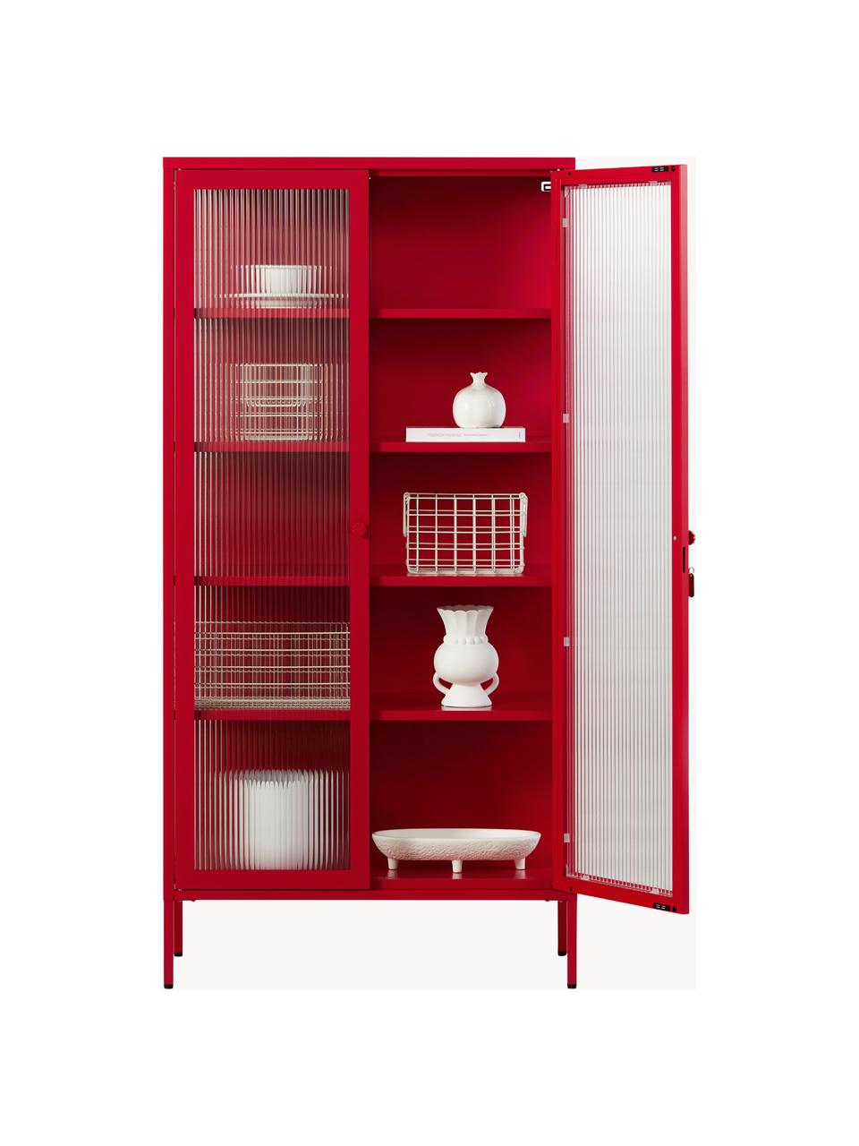 Metall-Vitrine The Collector mit geriffeltem Glas, Rot, B 85 x H 170 cm