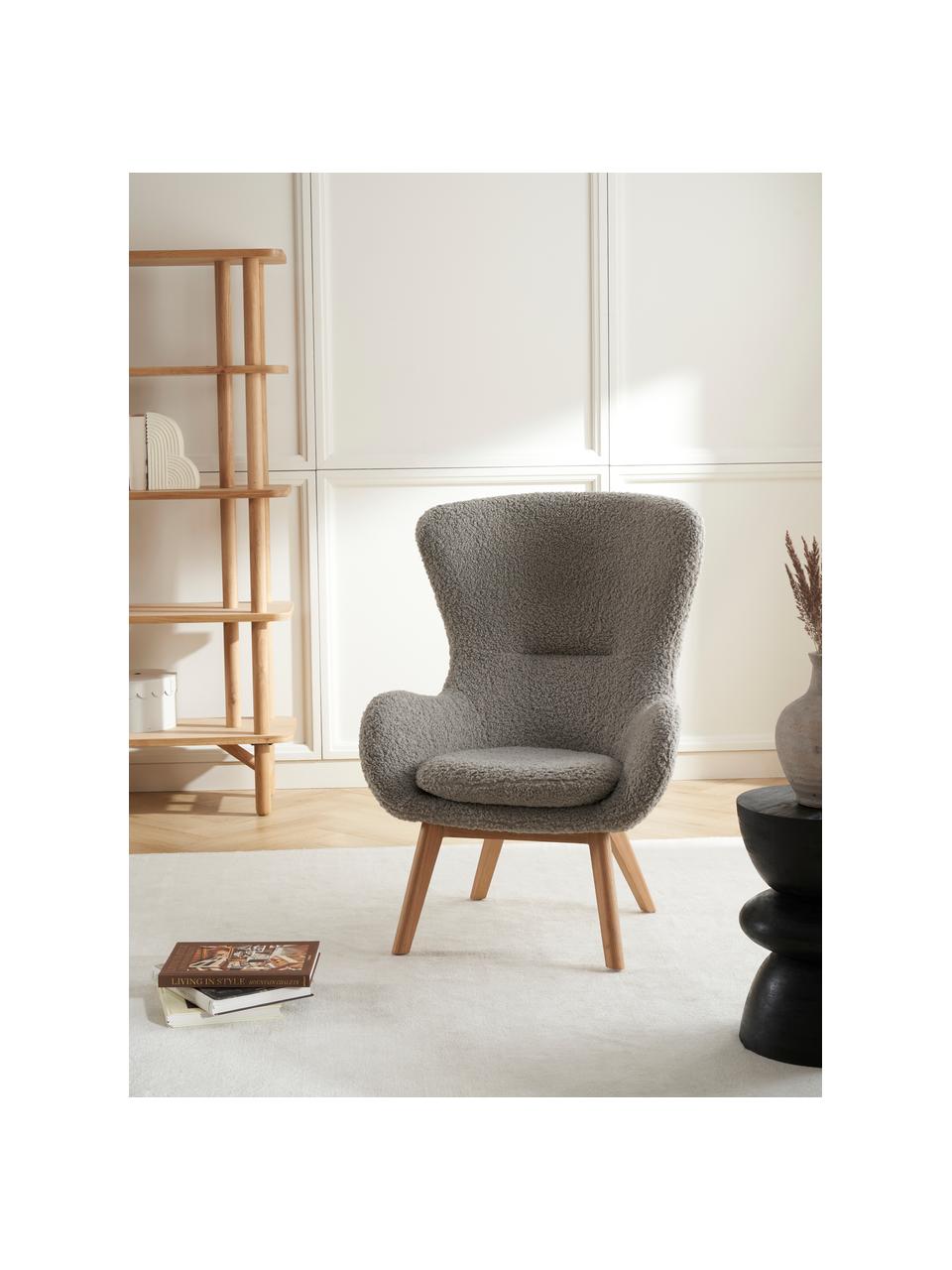 Plyšové kreslo s drevenými nohami Wing, Sivá, Š 77 x H 89 cm