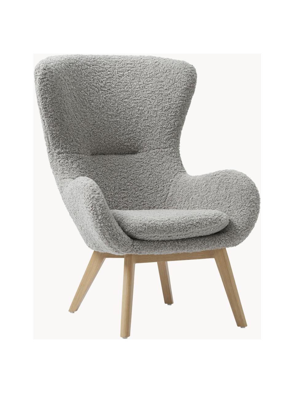 Fauteuil à oreilles en peluche pieds en bois Wing, Peluche gris, larg. 77 x prof. 89 cm