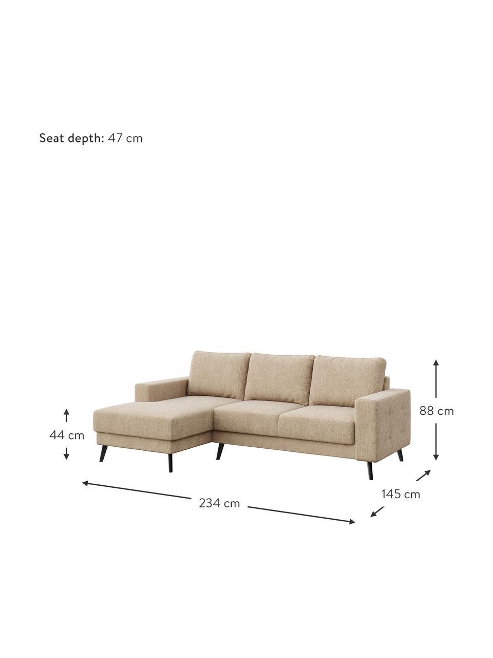 Divano angolare 3 posti in tessuto beige Fynn, Rivestimento: 100% poliestere Con 100.0, Struttura: legno duro, legno morbido, Piedini: legno laccato, Tessuto beige, Larg. 234 x Prof. 145 cm, chaise-longue a sinistra