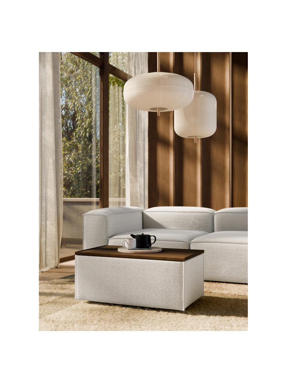 Sofa-Hocker Lennon aus Bouclé mit Stauraum, Bezug: Bouclé (80 % Polyester, 2, Tablett: Eichenholz, Spannplatte m, Gestell: Spanplatte, mitteldichte , Bouclé Off White, dunkles Eichenholz, B 88 x T 50 cm