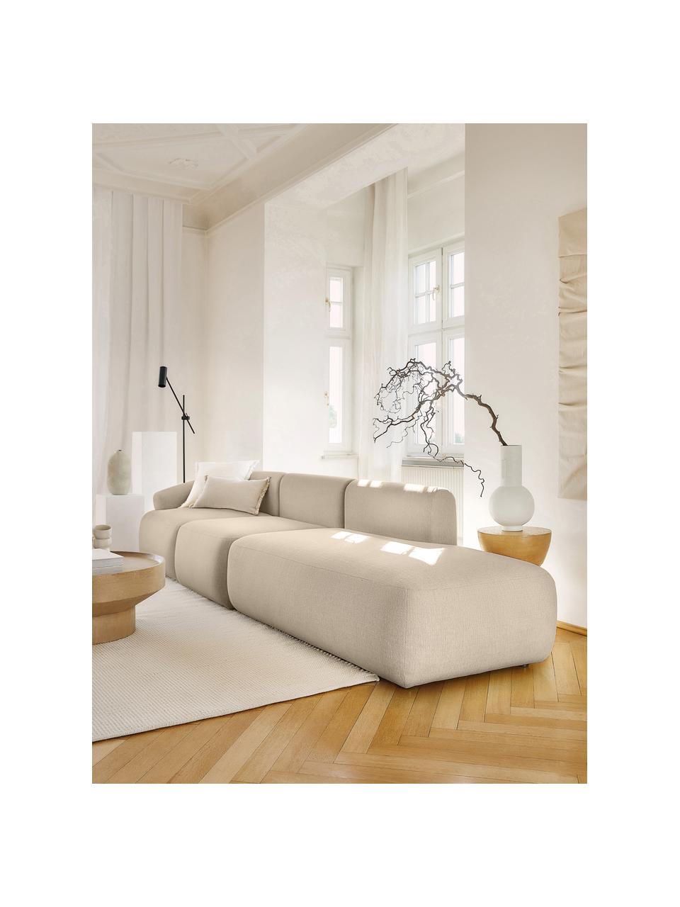 Chaise-longue componibile Sofia, Rivestimento: 100% polipropilene Con 23, Struttura: legno di pino massiccio, , Piedini: plastica, Tessuto beige, Larg. 340 x Prof. 95 cm, schienale a destra