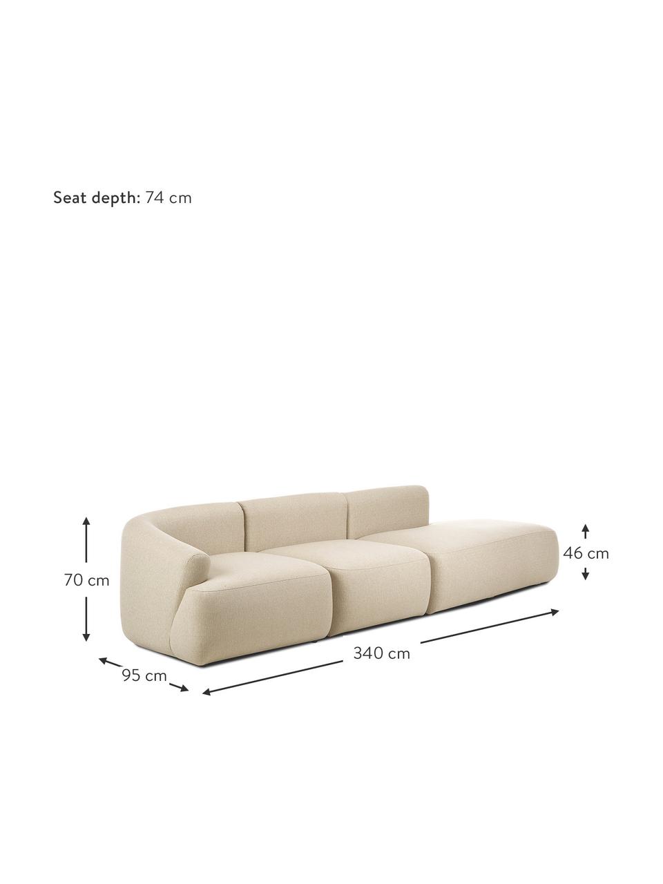 Szezlong modułowy Sofia, Tapicerka: 100% polipropylen Dzięki , Stelaż: lite drewno sosnowe, płyt, Nogi: tworzywo sztuczne, Beżowa tkanina, S 340 x G 95 cm, oparcie prawostronne